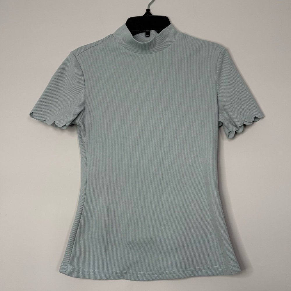 SHEIN Bluish/Green Ribbed Mock Neck Short Sleeve Fitted Top Size S Fitted, Basic